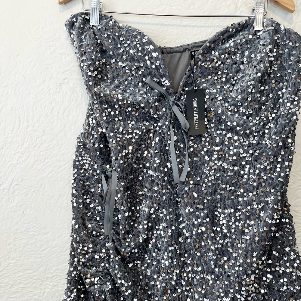 Pretty Little Thing Dress Gray Velour Velvet Sequin Party Plus 20 - Picture 3 of 8